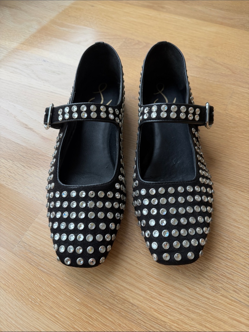 Sam Edelman Black Studded Mary Jane Flats with Crystal Rivets